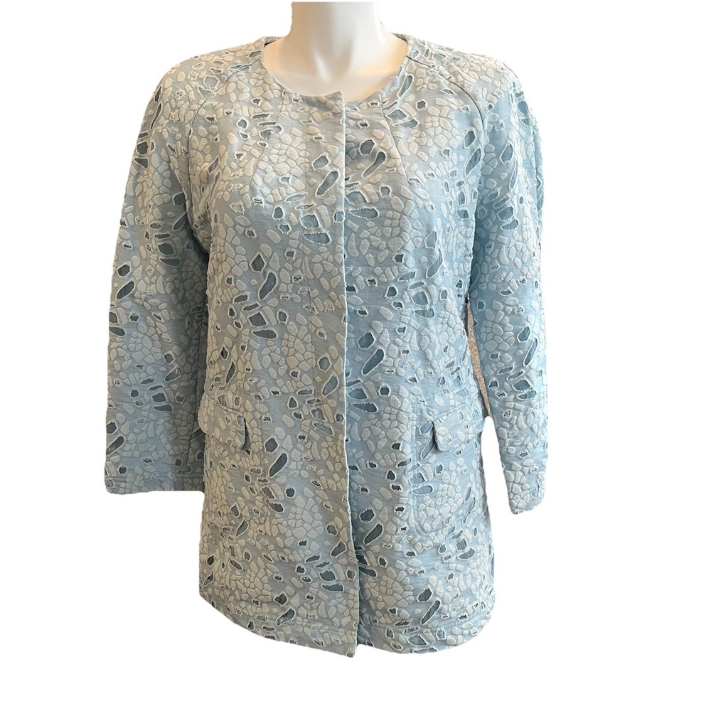 Neiman Marcus Light Blue Textured Jacket Women's L Eyelet Cut Out Duster Boho